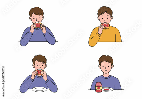 A series of illustrations depicting a man's varying emotions while enjoying jam on bread, from happy consumption to the disappointment of an empty jar.