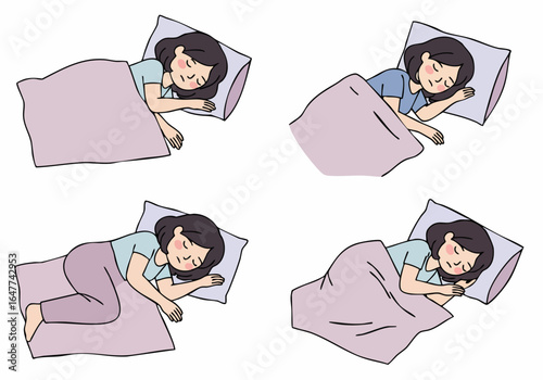 Diverse sleeping positions of a cartoon woman in bed, showing different ways to rest comfortably for a good night's sleep and overall well-being.