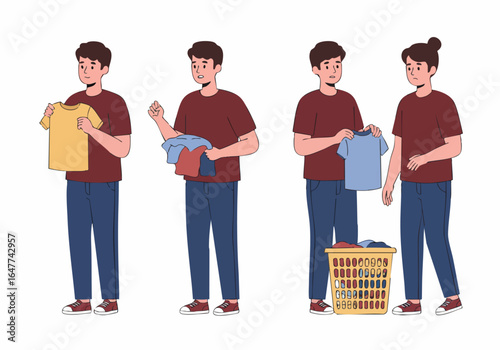 Illustrated process of a man sorting clothes for laundry, depicting everyday household chores and routine tasks.