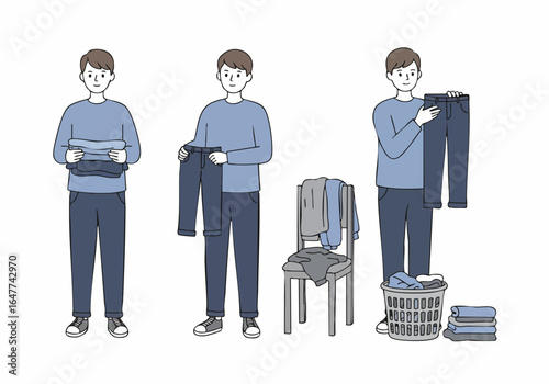 Illustration of a man organizing laundry, displaying folded clothes, a pair of pants, and a laundry basket.