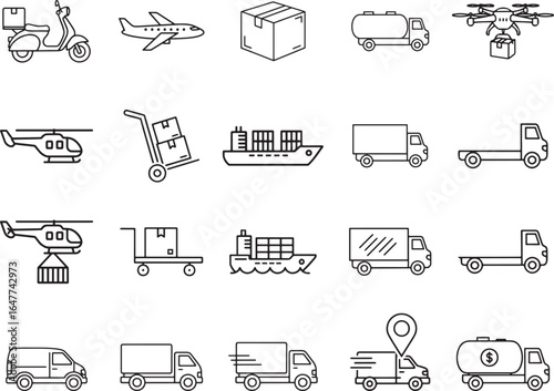Commercial Vehicles and Delivery Icon Set in Line Art Style