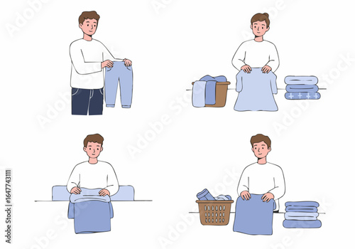 Young man demonstrating how to properly fold laundry items, organizing clean clothes in a neat stack.