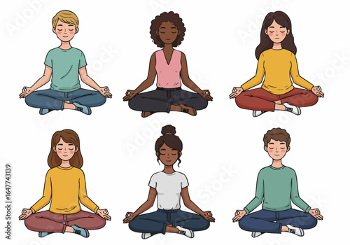 Cartoon illustrations of diverse individuals practicing meditation for peace, mindfulness, and inner balance.
