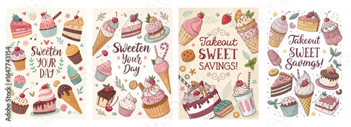 Deliciously illustrated desserts featuring cakes, ice cream, and candies in pastel colors.