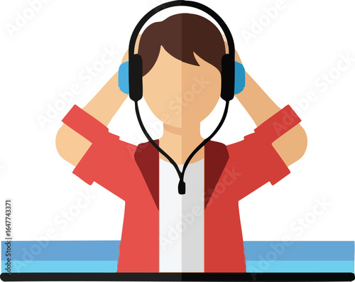 Flat design vector illustration of a young man listening to audio with headphones, immersed in the concept of a personal soundscape.