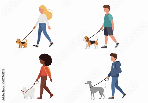 Diverse People Walking Their Dogs on Leashes, Cartoon Vector Illustration Set