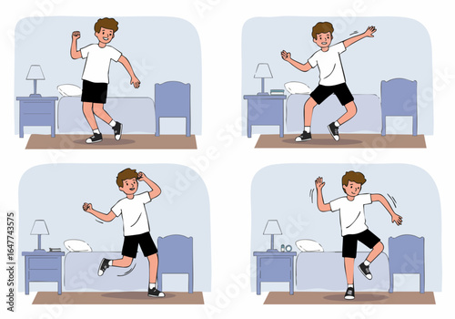 Happy young boy dancing and exercising vigorously in his bedroom, enjoying an active morning routine or energetic playtime indoors.