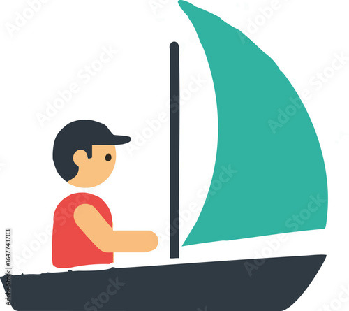 Vector graphic of a person sailing a small boat. A minimalist icon representing a recreational hobby, sport, and maritime travel.