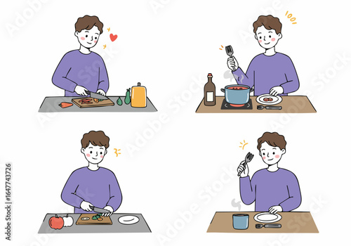 The joy of cooking: a man's culinary process from chopping vegetables to savoring his homemade dish.