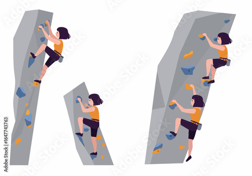 Female Athlete Practicing Bouldering and Rock Climbing on an Indoor Wall