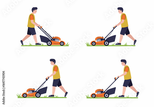 Man mowing lawn with a push lawnmower, an illustration depicting garden maintenance and yard work on a white background.