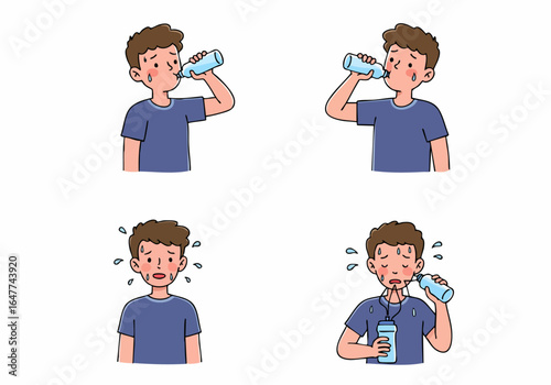 Cartoon boy sweating and hydrating illustration set: showcasing thirst and rehydration during physical activity or hot weather.