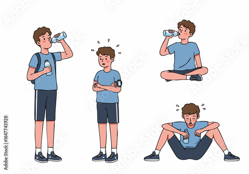A young man's journey of hydration and exertion: various poses depicting drinking water, feeling tired, and resting during or after physical activity, promoting healthy habits.