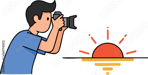 Passionate photographer capturing a beautiful sunrise or sunset An illustration depicting the joy of nature photography and creative documentation of scenic beauty.