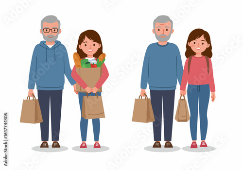 Two illustrations of an elderly man and a young woman shopping, holding brown paper bags and groceries, depicting intergenerational care and everyday life.
