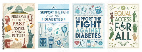 A collection of four informative posters highlighting health awareness and community support.