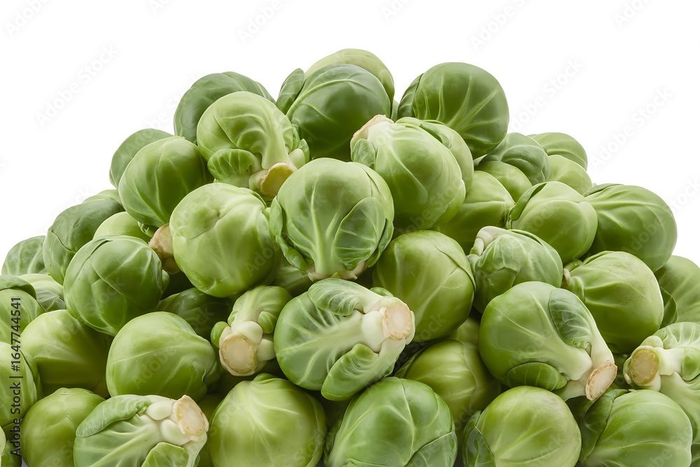 Fototapeta premium Large pile of fresh green brussels sprouts, isolated on white background