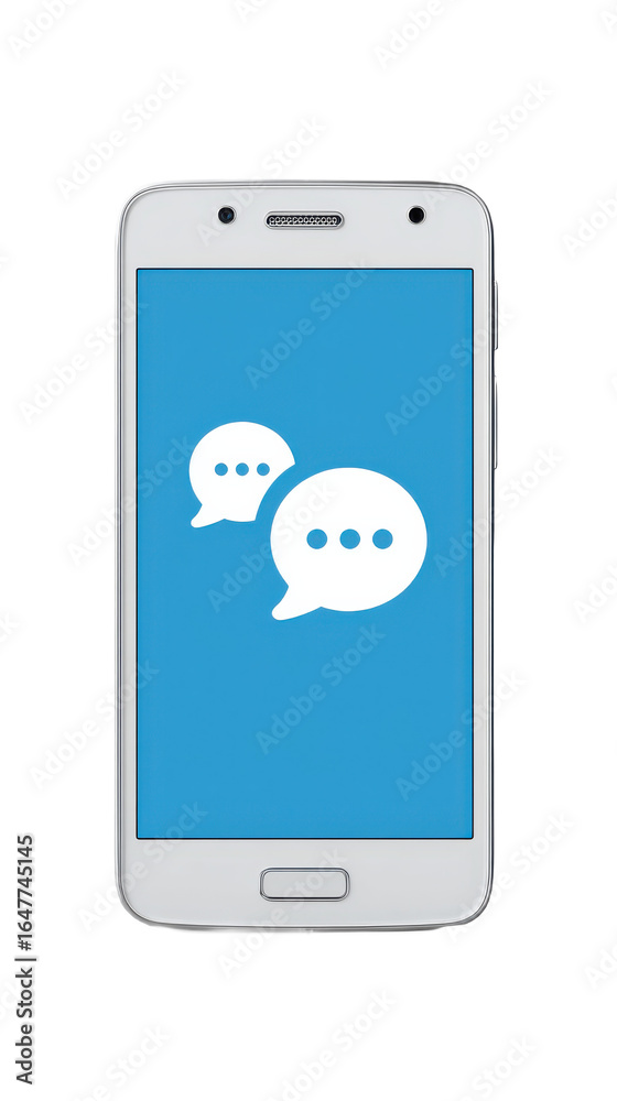 A smartphone displaying a messaging app interface with chat bubbles on a blue background. A smartphone displaying a messaging app interface with chat bubbles on a blue background.