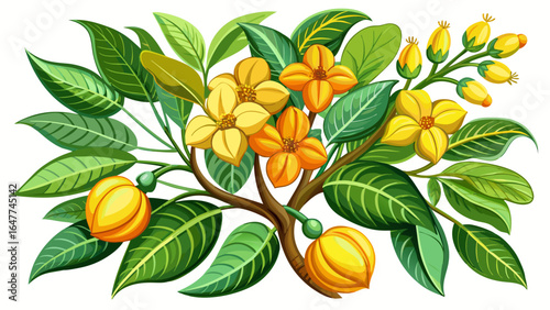 A close-up view reveals a graceful plant adorned with vibrant yellow flowers, lush green leaves, and small fruit, each detail luminous against the pure elegance of the white background.
