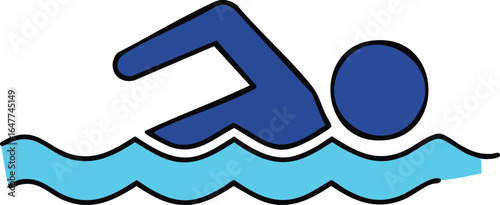 Simple graphic icon of a swimmer doing the freestyle stroke in water. Blue pictogram representing athletic competition, sports, and fitness.