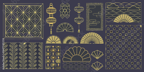 Art deco inspired golden patterns and motifs on dark blue background