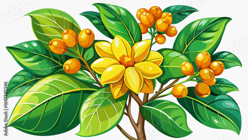 A close-up view reveals a graceful plant adorned with vibrant yellow flowers, lush green leaves, and small fruit, each detail luminous against the pure elegance of the white background.