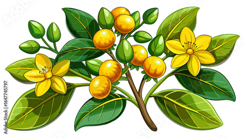 A close-up view reveals a graceful plant adorned with vibrant yellow flowers, lush green leaves, and small fruit, each detail luminous against the pure elegance of the white background.
