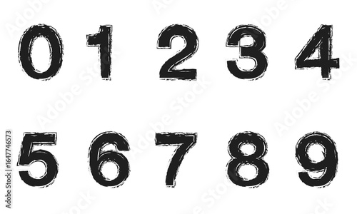 Hand drawn grunge vector numbers. Dirty textured font. Black ink characters isolated on white background. Dirty painted numbers set. Dry brush texture. Typography vector elements. Vector background .