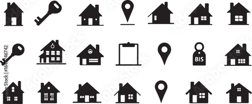 Silhouette Set of Real estate and housing market icons with houses, keys, location pins, contracts, and property price tags
