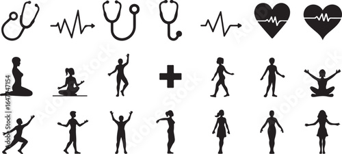 Silhouette Set of Healthcare and wellness icons, including stethoscopes, heartbeats, medical crosses, first-aid kits