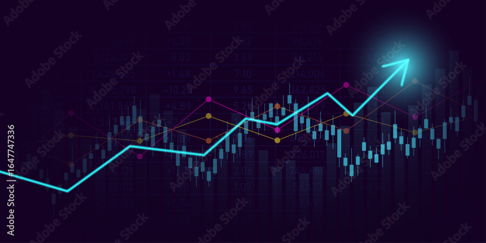 Fototapeta premium technology financial graph with uptrend line arrow and bar chart of stock market on blue color background