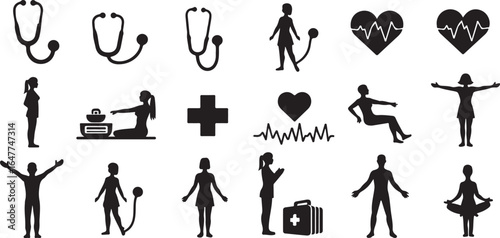 Silhouette Set of Healthcare and wellness icons, including stethoscopes, heartbeats, medical crosses, first-aid kits