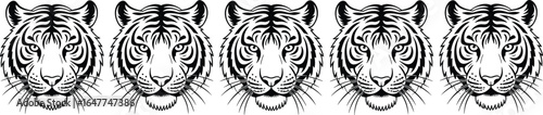 Tiger head vector illustration set, wild animal face in black and white, symmetrical big cat design for tattoo, logo, and wildlife art