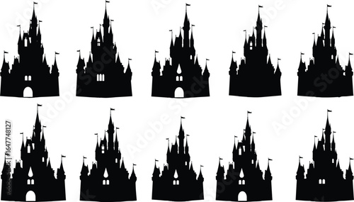 Vector illustration of majestic castle silhouettes, fantasy architecture, fairy tale castles, gothic towers, medieval fortress designs, black castle shapes, isolated fantasy landmarks