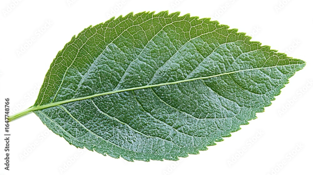 Obraz premium Single Green Leaf with Visible Veins and Textured Surface on White Background 