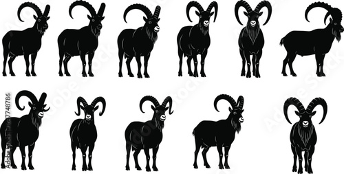 Vector illustration of mountain goats silhouettes set, wild goat animals, horned mammals collection, nature wildlife design, outdoor animal icons, rugged terrain species