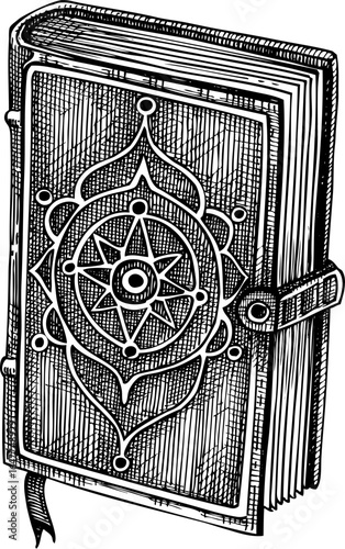 Gothic spellbook with ornamented cover sketch. Witchcraft book hand drawn vector illustration. Halloween design element. NOT AI generated