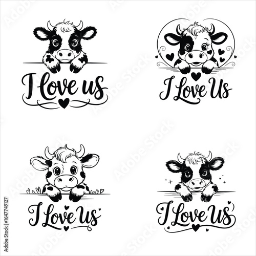 Cute Cow Couple I Love Us Vector Illustration Set For Valentines Day Anniversaries And Romantic Designs