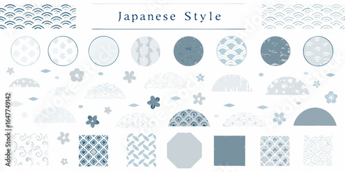 Collection of japanese style patterns and motifs in blue hues