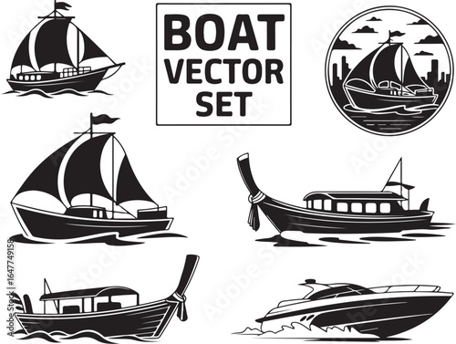 Diverse boats sailing on water, modern design elements