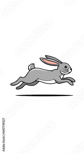 A fast grey rabbit running across a white background with a dark shadow underneath showcasing its speed and agility