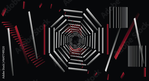 Abstract vector composition with rectangular gradient elements on black background, creating an illusion of weightlessness and floating motion
