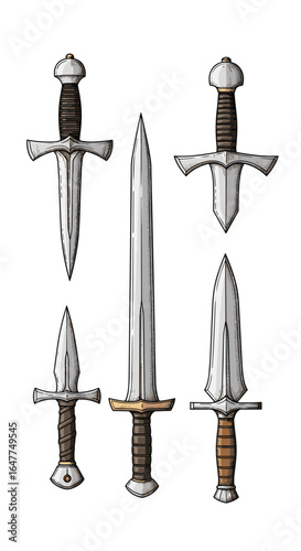 A collection of ancient swords and daggers featuring detailed hilt designs and sharp blades representing medieval combat and warfare