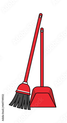 Red broom and dustpan set for efficient home cleaning and tidying up floors