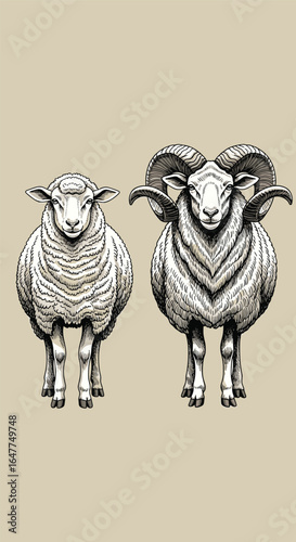 Two majestic rams standing proudly side by side on a light neutral background capturing their impressive horns and wooly coats