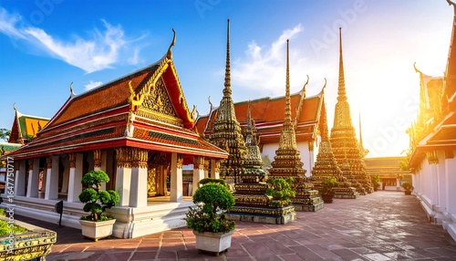 Picturesque view of Wat Pho Temple Complex architecture against blue sky