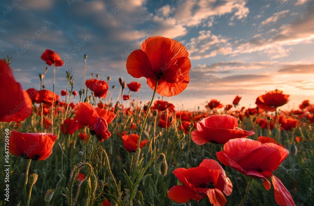 Fototapeta premium Beautiful field of red poppies in full bloom at sunset. One tall poppy stands out in the foreground, glowing in the warm golden light. A peaceful nature scene with dramatic clouds and soft sunlight