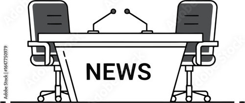 A modern, geometric illustration of a news anchor desk. The clean, professional style symbolizes a live news report, studio broadcast, and digital media communication.