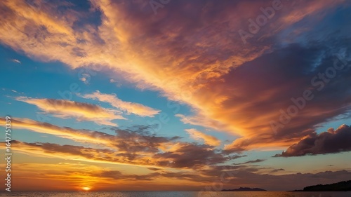 Majestic sunset over a tranquil ocean, featuring a vibrant and dramatic cloudscape painting the sky with brilliant orange, yellow, and pink hues. A serene natural landscape at dusk.