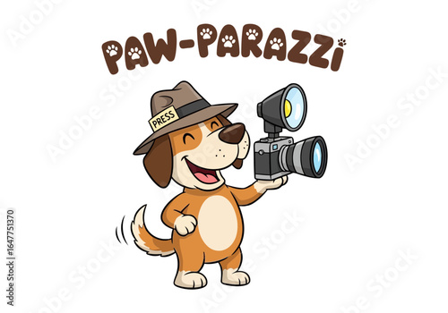 Cartoon dog photographer with camera and hat, isolated on white background